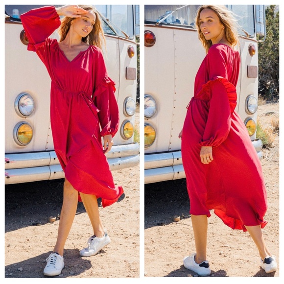 36 Boho Frill Detail V neck Midi Dress - Picture 2 of 3